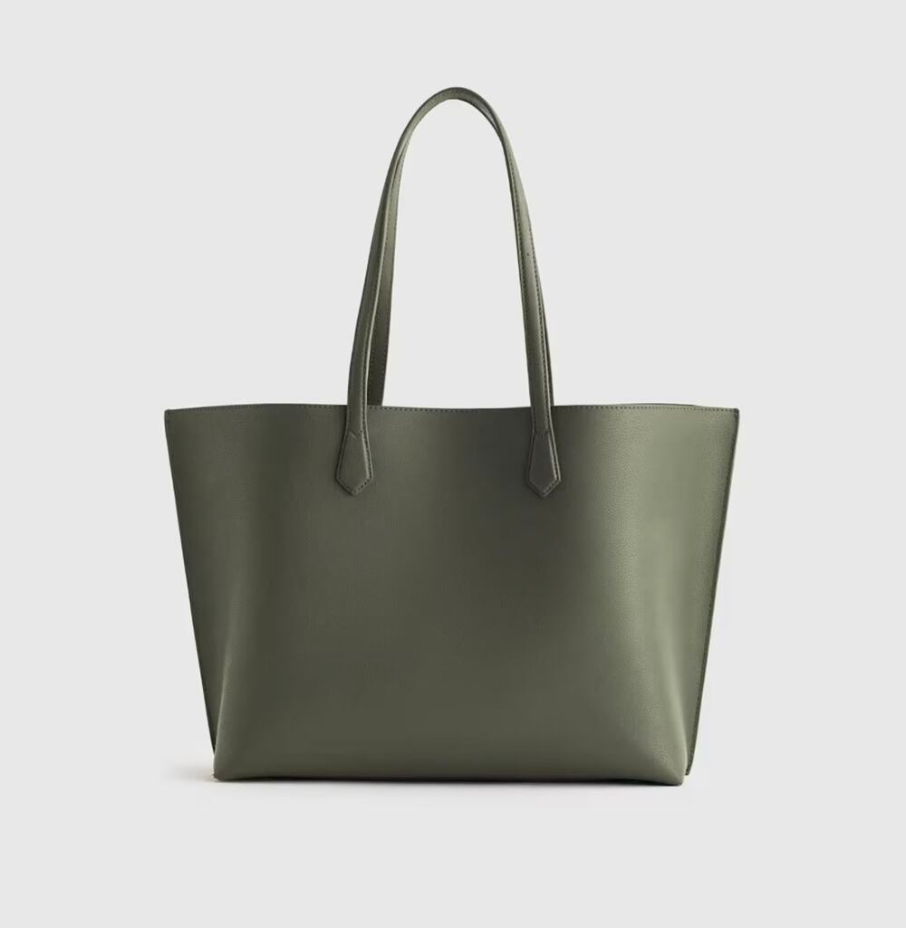 Quince Italian Leather Triple Compartment Shopper Tote in olive green